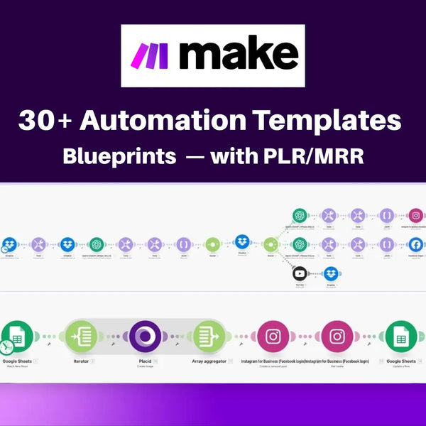 30+ MAKE.COM AI Automation Blueprints, Plug and Play Workflows for Content, Marketing, Sales & Productivity, Plr/Mrr